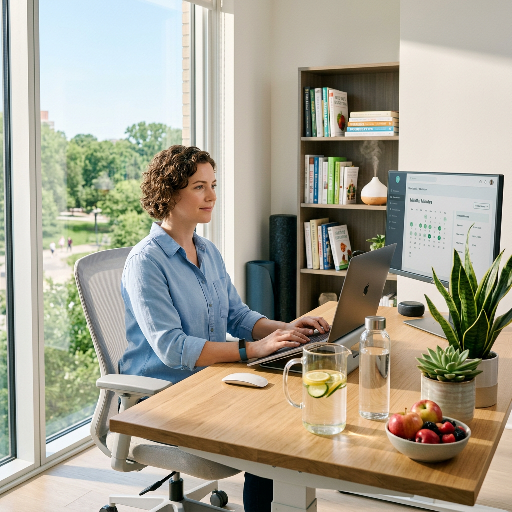 Woman typing on laptop in home office with large window, plants, and healthy snacks